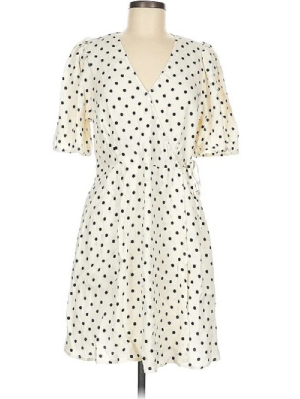 a new day Cream & Bkack  Polka Dot Balloon Short Sleeve mini Wrap Dress